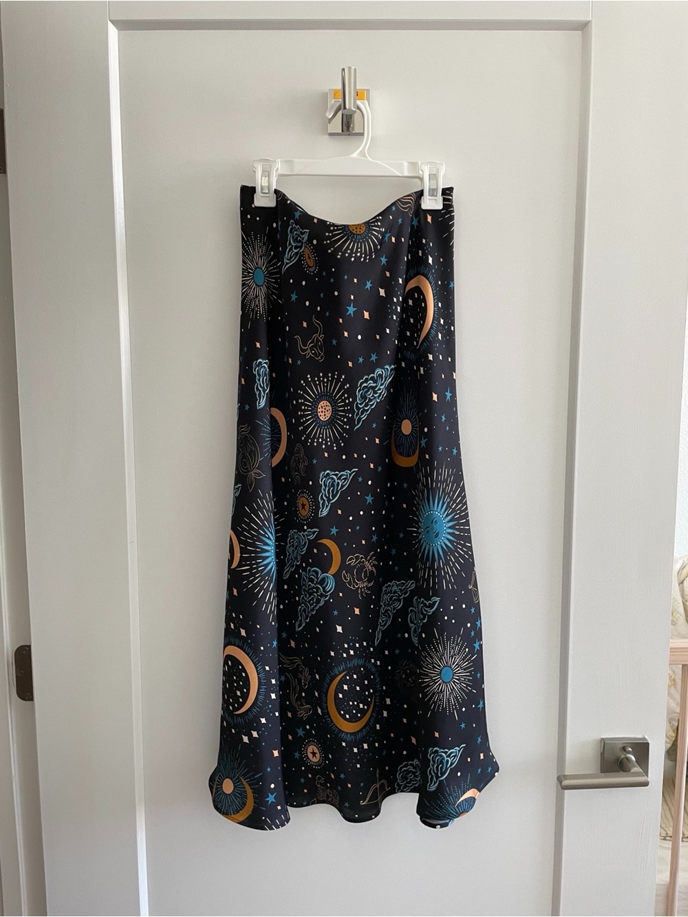 Handmade Midi Bias Skirt in Deadstock Viscose Satin - Celestial Zodiac Print